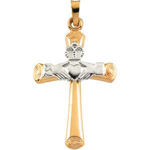 14K Gold Claddagh Cross Pendant Hollow 27x19.5 mm