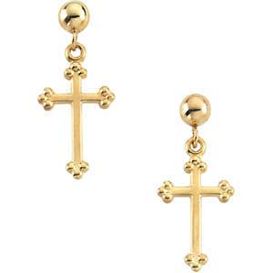14K Gold Cross Earrings w/Ball 14x9 mm