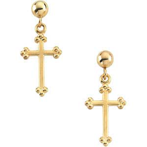 14K Gold Cross Earrings w/Ball 14x9 mm