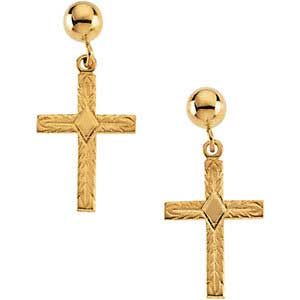 14K Gold Cross Earrings w/Ball 13x10 mm