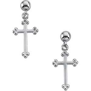 14K Gold Cross Earrings w/Ball White 14x9 mm