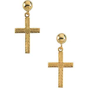 14K gold cross heart earrings w/ball