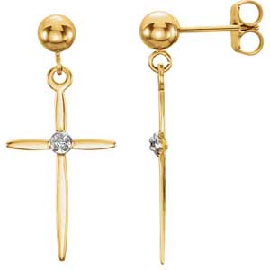 14K Gold Diamond Cross Earrings Side 0.01 ctw