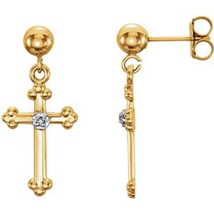 14K Gold Diamond Cross Earrings Side 0.01 ctw