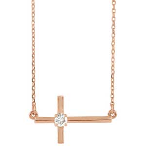 14K Rose Gold Sideways Cross Necklace 1/10 ctw
