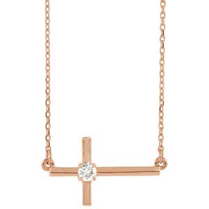 14K Rose Gold Sideways Cross Necklace 1/10 ctw