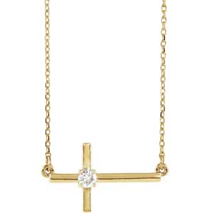 14K Gold Sideways Cross Necklace 1/10 ctw.