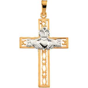 14KTT Filigree Claddagh Cross Pendant 27.5x19.5 mm