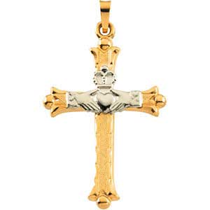 14K Gold Claddagh Cross Pendant Hollow 32.5x23.5 mm