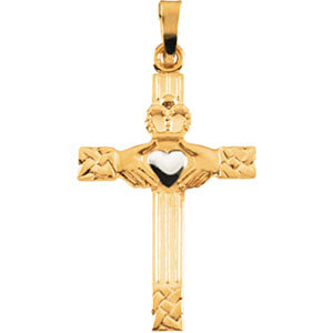 14K Gold Claddagh Cross Pendant Hollow 25x17 mm