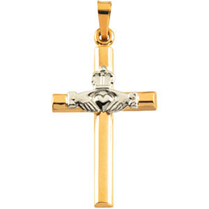 14K Gold Claddagh Cross Pendant Hollow 25x16 mm