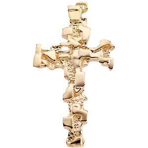 14K Gold Nugget Cross Pendant 38x22 mm