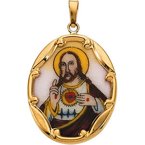 14K Hand Painted Porcelain Sacred Heart of Jesus Pendant